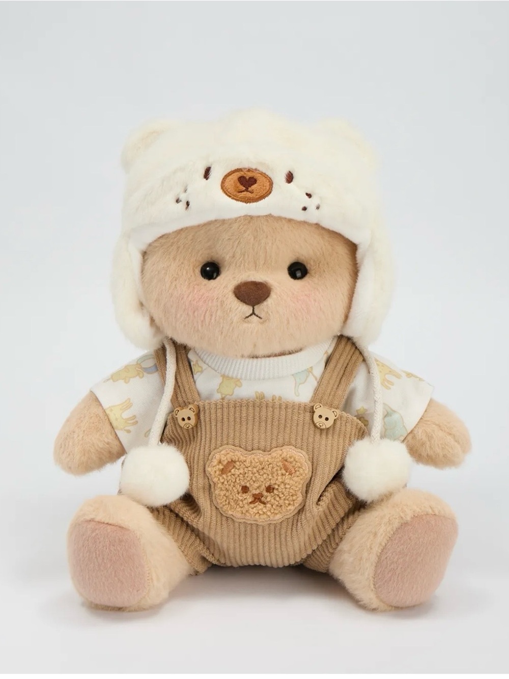 Cream & Beige Plush Bear in Cozy Hat and Corduroy Overalls